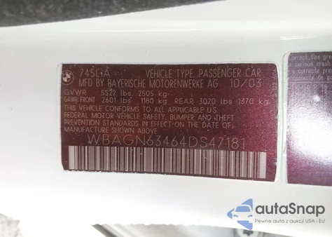 2004 BMW 745Li из США, поврежденный, VIN WBAGN63464DS47181